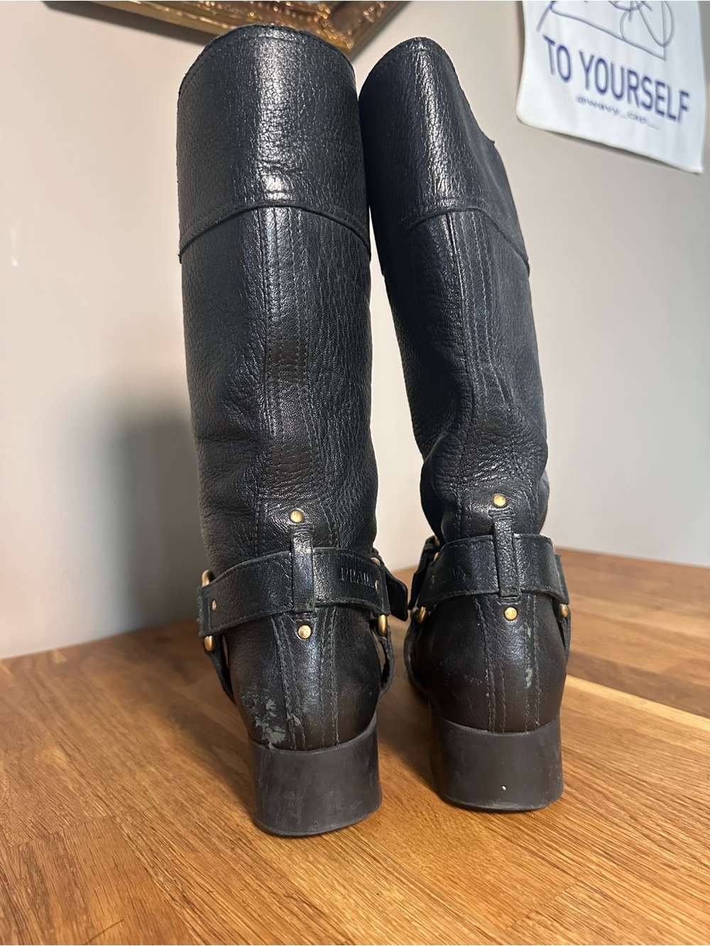 Black Leather Mid-Calf Riding Boots with Gold Buckle Detail - Picture 3 of 4